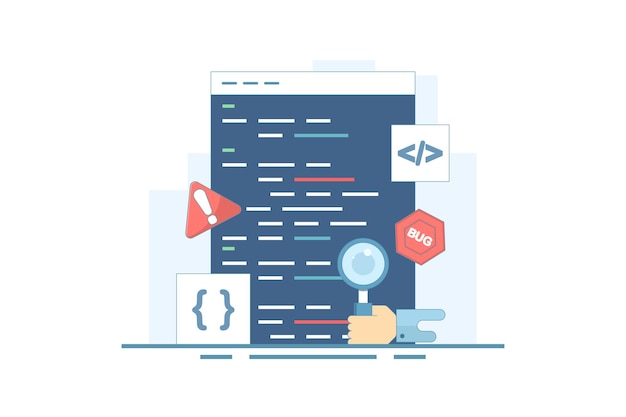 Ilustración vectorial sobre el concepto de informe de errores o la búsqueda de errores en el programa de software