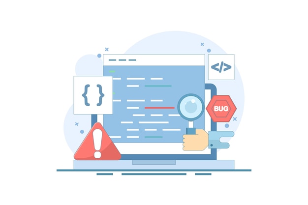 Ilustración vectorial sobre el concepto de informe de errores o la búsqueda de errores en el programa de software
