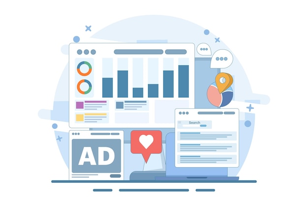 Ilustración vectorial sobre el concepto del informe de marketing digital o el análisis de marketing del sitio web