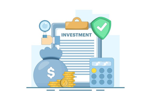 Ilustración vectorial sobre el concepto de inversión segura con tablón con calculadora y escudo