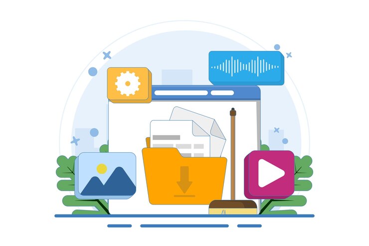 Vector ilustración vectorial sobre el concepto de limpieza de datos o borrar la memoria caché o limpiar la memoria digital