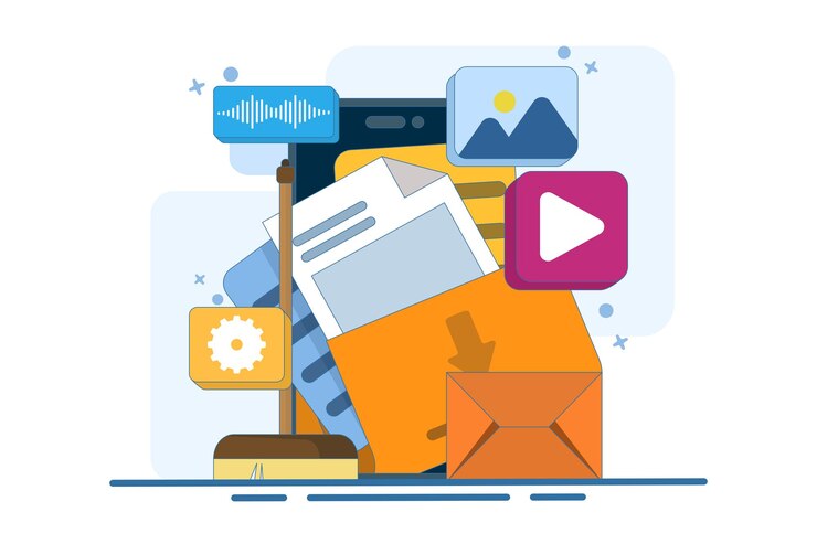 Vector ilustración vectorial sobre el concepto de limpieza de datos o borrar la memoria caché o limpiar la memoria digital
