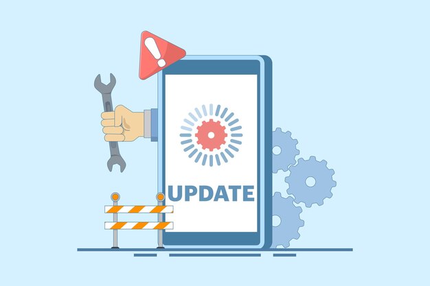 Ilustración vectorial sobre el concepto de mantenimiento del sistema con pantalla de actualización de software de teléfono inteligente