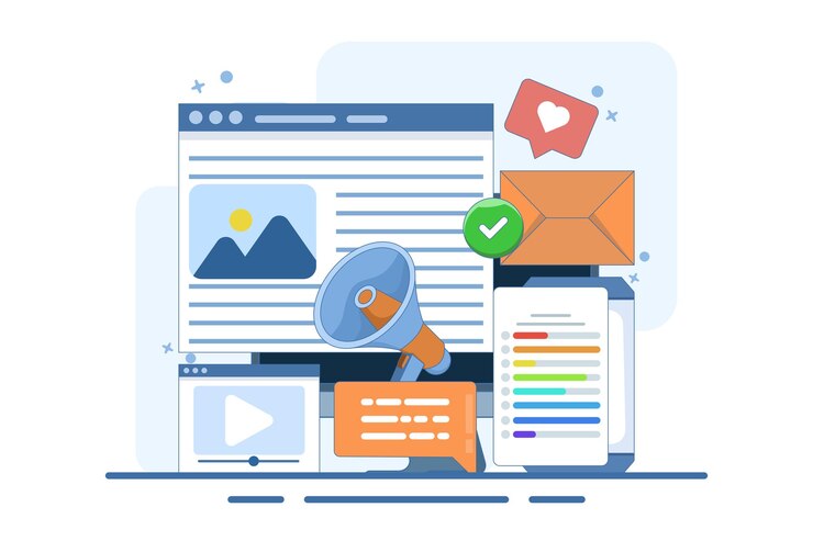Vector ilustración vectorial sobre el concepto de marketing de contenido o promoción de contenido de marca