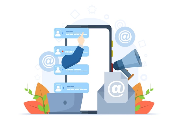 Ilustración vectorial sobre el concepto de marketing por correo electrónico o la estrategia de negocios en línea