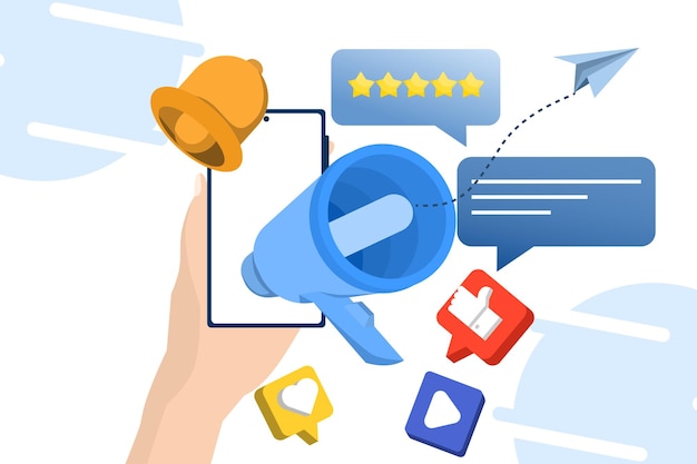 Ilustración vectorial sobre el concepto de marketing en las redes sociales o la campaña de promoción digital