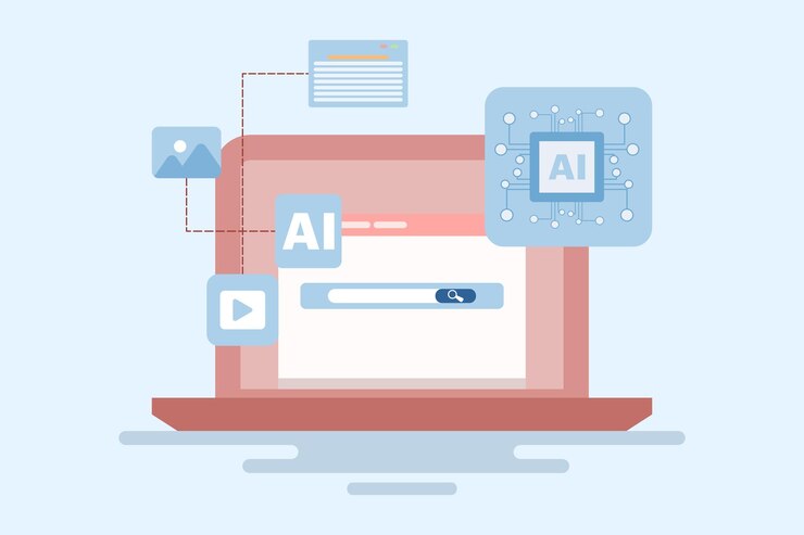 Vector ilustración vectorial sobre el concepto de motor de búsqueda asistido por ia o inteligencia artificial con búsqueda r