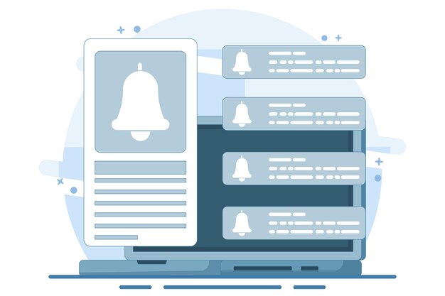 Ilustración vectorial sobre el concepto de notificación con el sonido de la campana como recordatorio pop-up