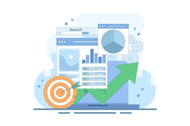 Ilustración vectorial sobre el concepto de optimización SEO Análisis web y marketing de redes sociales SEO