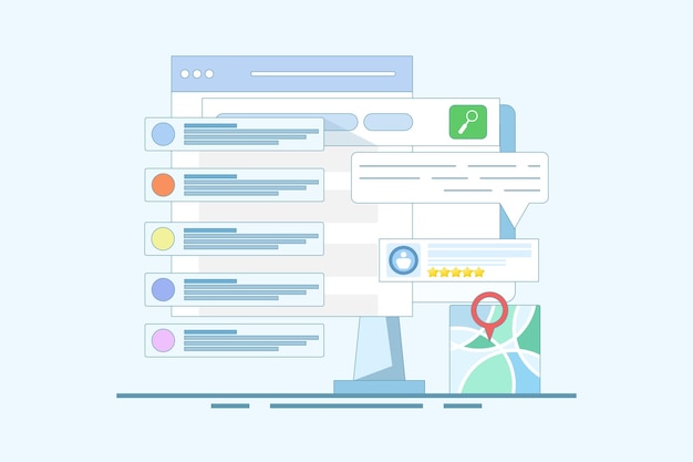 Ilustración vectorial sobre el concepto de optimización SEO o la dirección del negocio en el mapa del motor de búsqueda