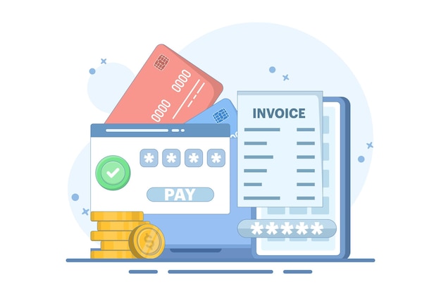 Ilustración vectorial sobre el concepto de pago en línea o el dispositivo con factura electrónica