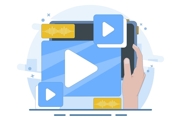 Ilustración vectorial sobre el concepto de pantalla del reproductor de video en un dispositivo inteligente o contenido de video en línea
