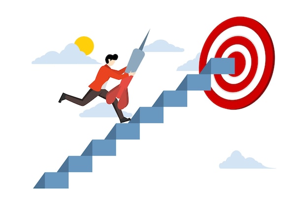 Ilustración vectorial sobre el concepto de pasos exitosos para lograr los objetivos empresariales.
