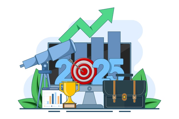 Ilustración vectorial sobre el concepto de perspectivas comerciales para 2025 o la estimación o el plan futuro