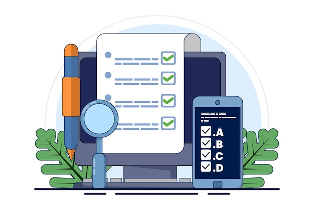 Ilustración vectorial sobre el concepto de plataforma de exámenes en línea con gran computadora y sitio de pruebas