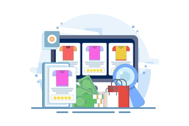 Ilustración vectorial sobre el concepto de plataforma de negocios de comercio electrónico o la estrategia de SEO de comercio electrónico
