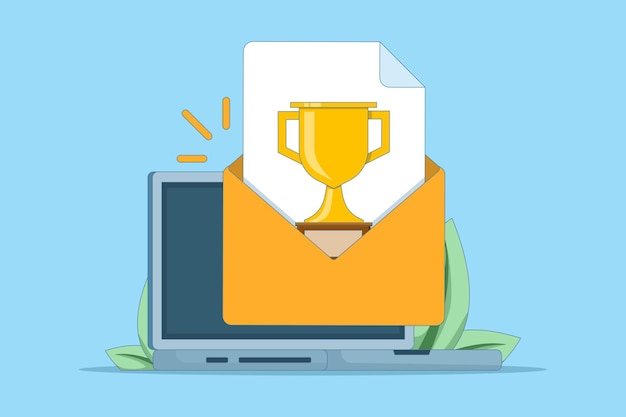 Ilustración vectorial sobre el concepto de premio digital de la web en línea recibido a través del icono de la computadora