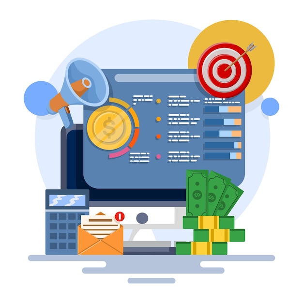 Ilustración vectorial sobre el concepto de presupuesto de marketing en línea o ingresos de marketing