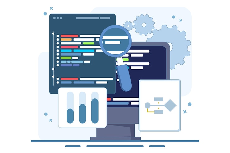 Vector ilustración vectorial sobre el concepto de programación de computadoras o el desarrollo de software o juegos