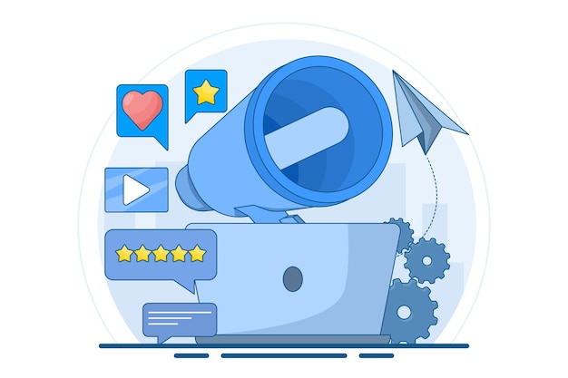 Ilustración vectorial sobre el concepto de promoción en redes sociales o marketing en redes sociales