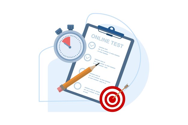 Ilustración vectorial sobre el concepto de pruebas en línea y comprobación de respuestas