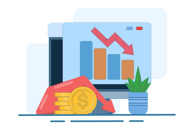 Ilustración vectorial sobre el concepto de recesión o desaceleración económica o disminución del valor de la moneda