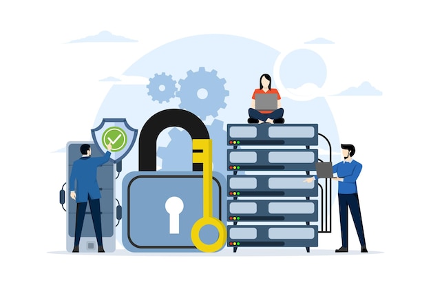Ilustración vectorial sobre el concepto de seguridad de base de datos o centro de datos y base de datos