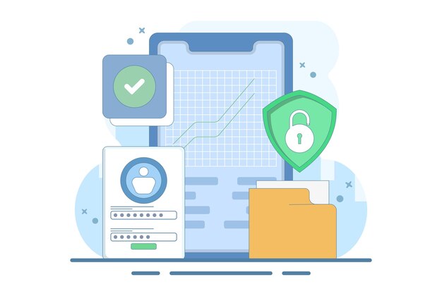 Ilustración vectorial sobre el concepto de seguridad de los dispositivos móviles con contraseña para proteger los datos