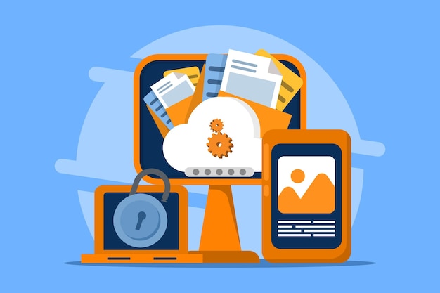 Ilustración vectorial sobre el concepto de seguridad de documentos en la nube con datos almacenados en servidores en la nube seguros