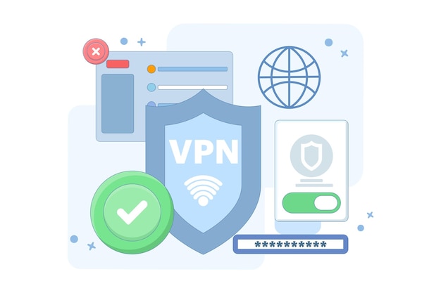 Ilustración vectorial sobre el concepto de servicio VPN o conexión segura a Internet y protección de la privacidad