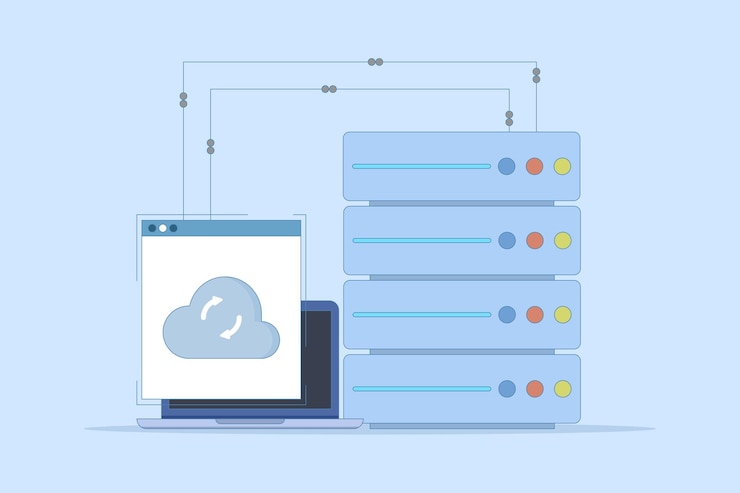 Vector ilustración vectorial sobre el concepto de servidor de datos con portátil y servidor de datos