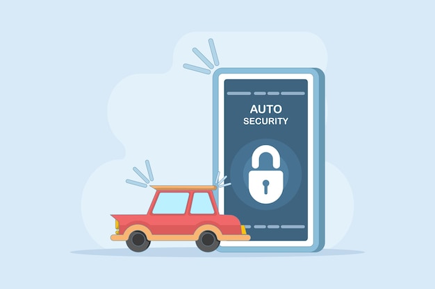 Ilustración vectorial sobre el concepto del sistema de seguridad del automóvil o la aplicación de alarma del automóvil en la pantalla del teléfono