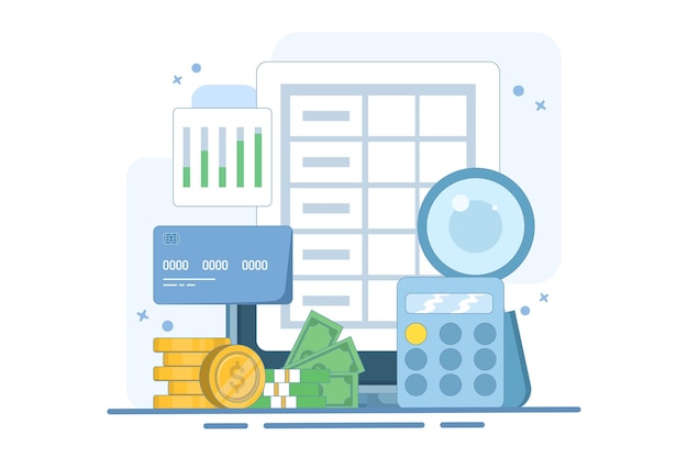 Ilustración vectorial sobre el concepto de software de contabilidad empresarial o el análisis financiero