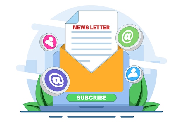 Ilustración vectorial sobre el concepto de suscripción al boletín de noticias o marketing por correo electrónico