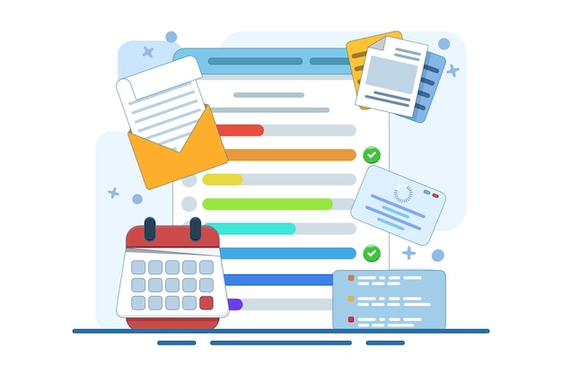 Ilustración vectorial sobre el concepto de tablero de tareas en la computadora portátil con lista de comprobación del portapapeles del calendario