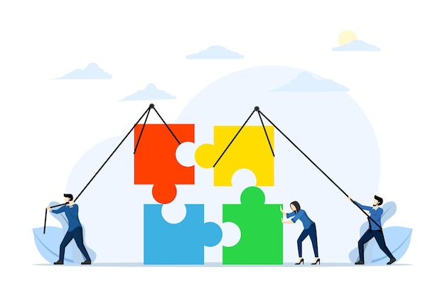 Ilustración vectorial sobre el concepto de trabajo en equipo empresarial con personas con rompecabezas