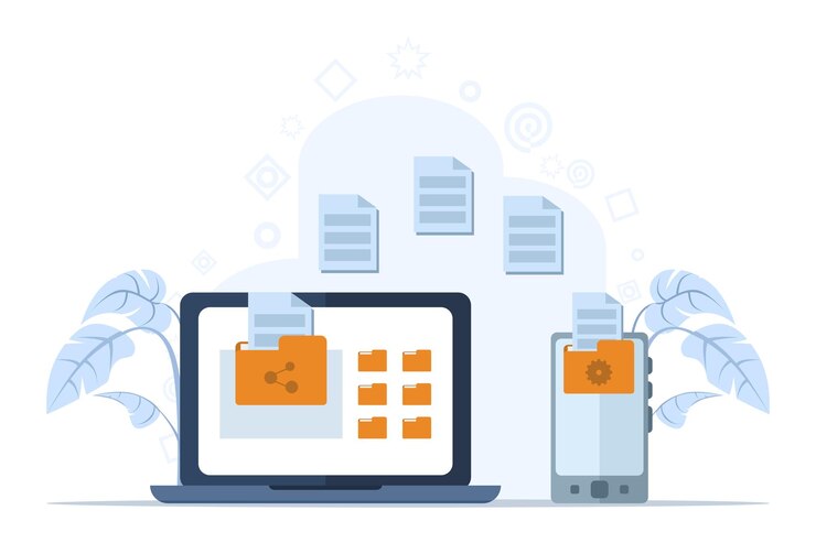 Vector ilustración vectorial sobre el concepto de transferencia de archivos o tecnología en la nube o carga y descarga