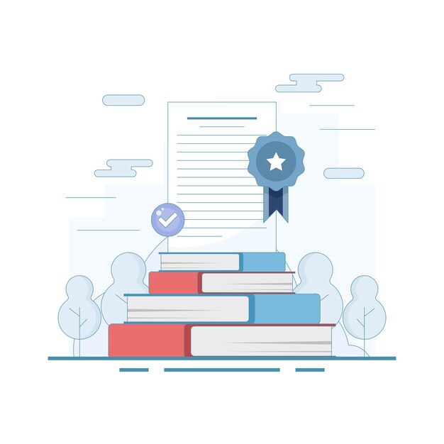 Ilustración vectorial sobre el documento con insignia y libro aprobado como concepto de estudio certificado