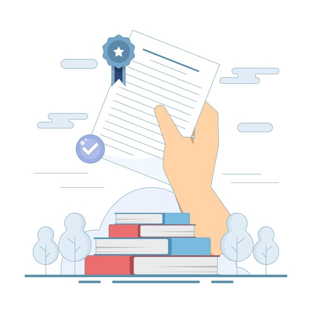 Ilustración vectorial sobre el documento con insignia y libro aprobado como concepto de estudio certificado