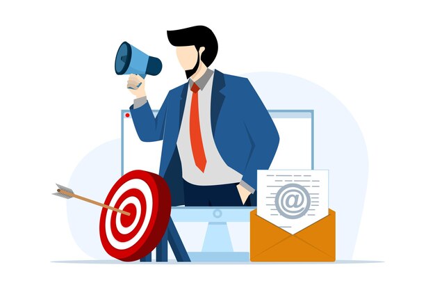 Ilustración vectorial sobre el marketing por correo electrónico Concepto con una persona de negocios sosteniendo un megáfono