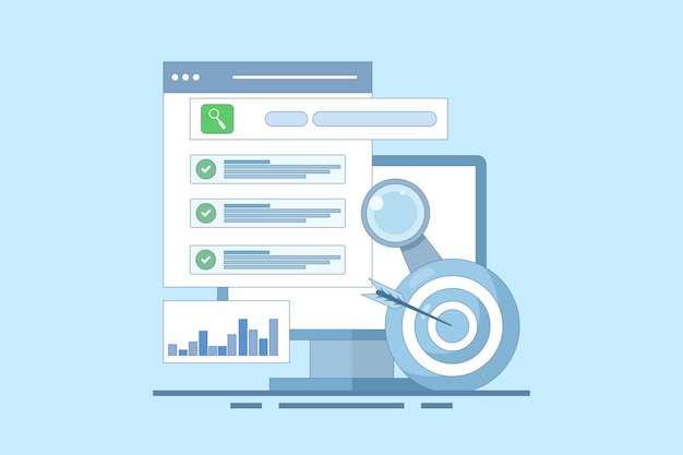 Ilustración vectorial sobre la optimización SEO Concepto de promoción o estrategia de análisis de sitios web
