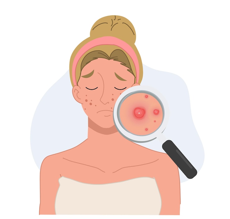 Vector ilustración vectorial sobre los problemas de la piel del acné concepto mujer con lupa está buscando acné en su rostro