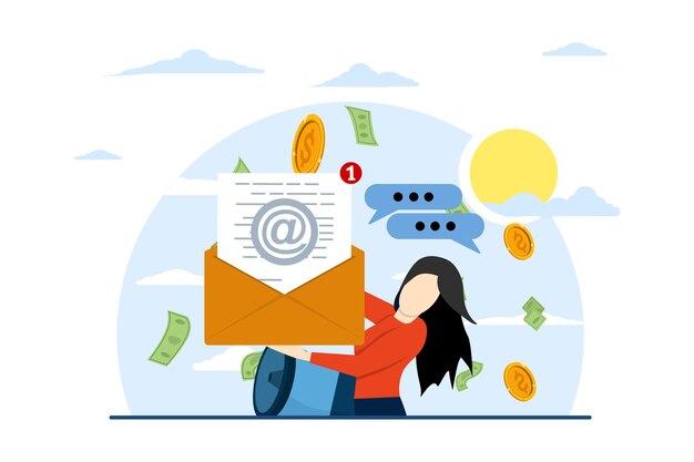 Ilustración vectorial sobre promoción de marketing por correo electrónico Concepto con mujer con carta de correo electrónico