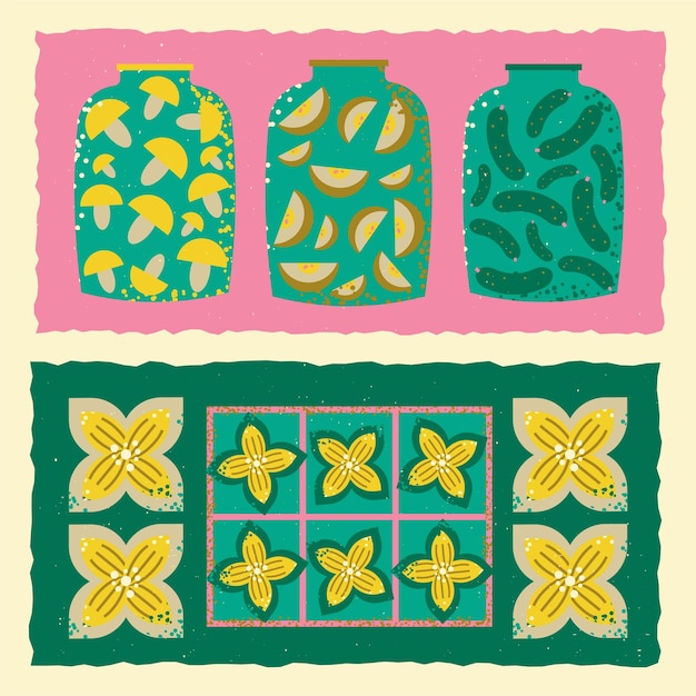 Ilustración vectorial sobre el tema de la comida en frascos y flores Plantilla cuadrada con pepinos champiñones manzanas cerradas en frascos ornamento de plantas