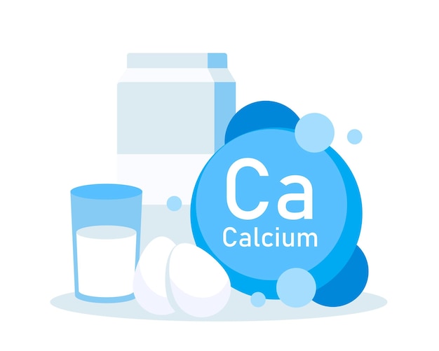 Vector ilustración vectorial sobre el tema del mineral calcio y los alimentos que contienen calcio en un plano de dibujos animados