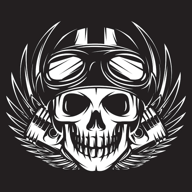 Ilustración vectorial sobre un tema de motocicleta con alas de calavera y pistón