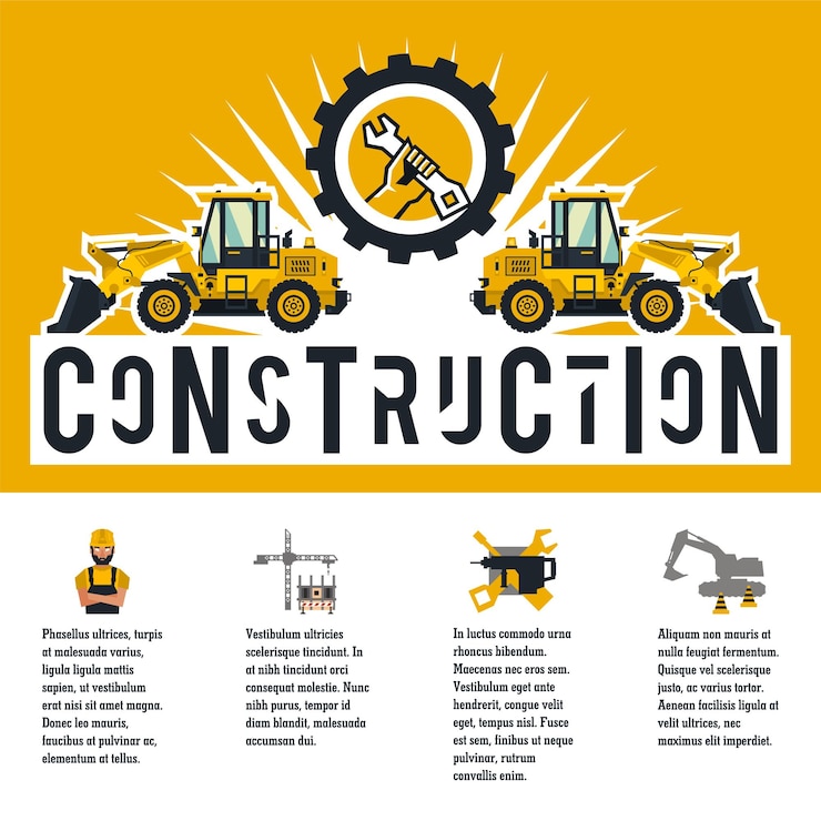 Vector ilustración vectorial sobre el tema de un sitio de construcción iconos de tecnología de trabajador de equipo de herramientas plantilla para texto banner con la producción de información empresa de publicidad estilo plano