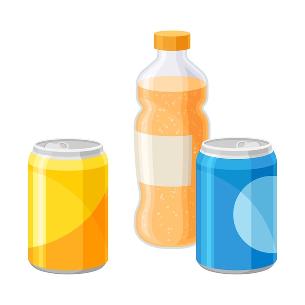 Ilustración vectorial de soda enlatada y botella de jugo aislada en fondo blanco