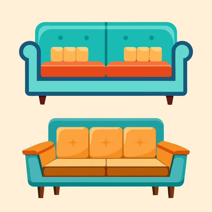 Vector ilustración vectorial de sofá y sillón de muebles acogedores y coloridos