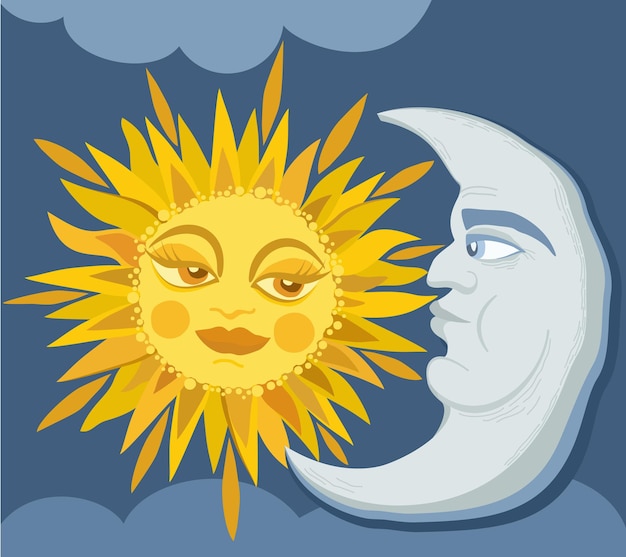 Ilustración vectorial de sol, luna creciente y nubes aisladas en el cielo azul oscuro.